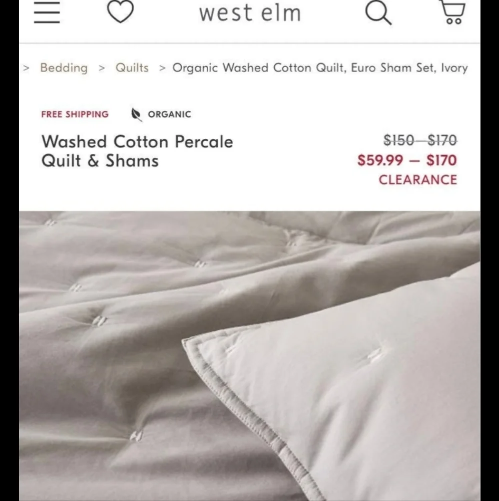 West Elm Organic Washed Cotton percale Euro Pillow Sham - grey